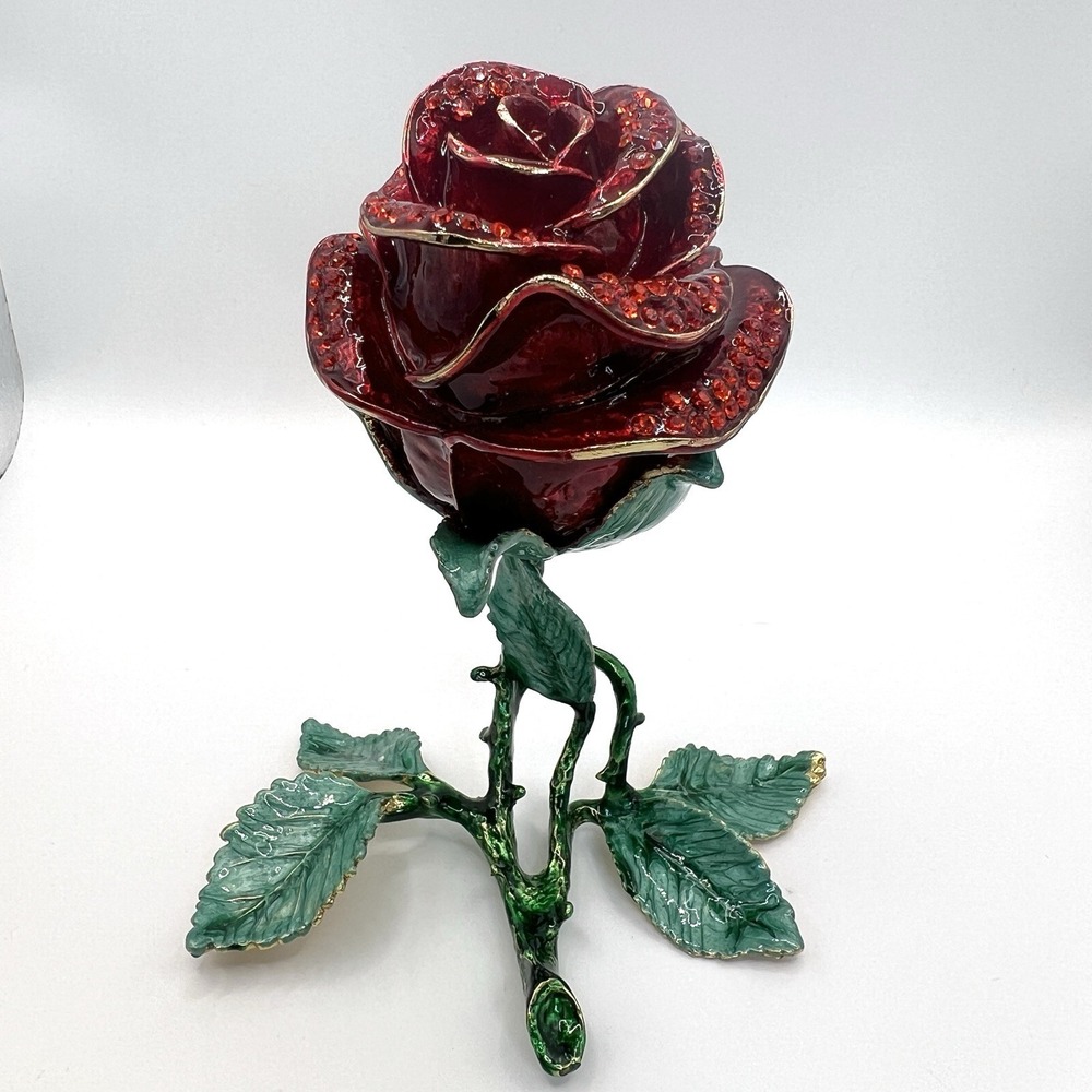Rose Shaped Jeweled Trinket Box with Red Rhinestones, Hinged Lid, 4.5" Tall